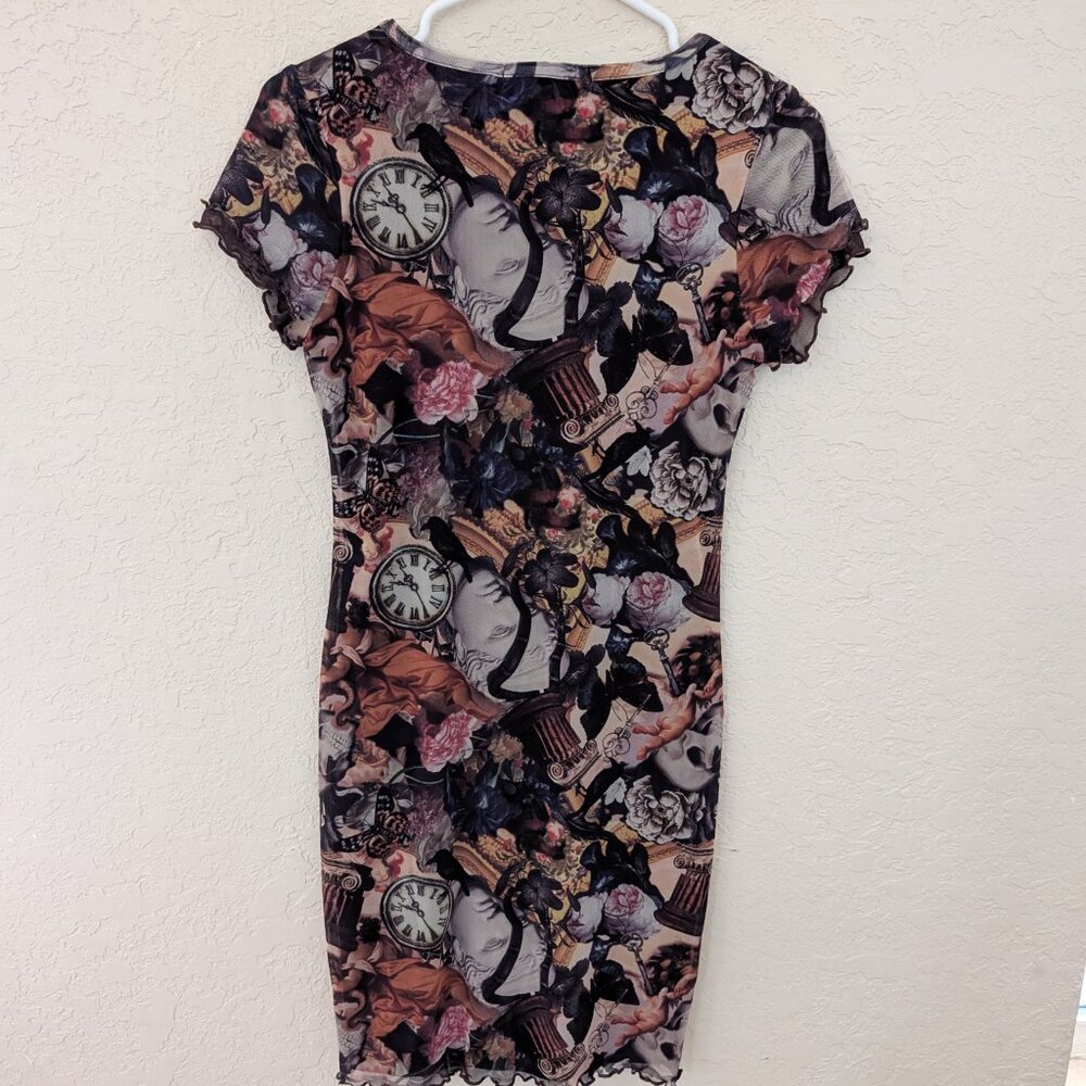 Almost Famous Mesh Y2K Bodycon Dress Clock Cherub Rose Scalloped Sleeve Sz M NWT - Picture 6 of 7